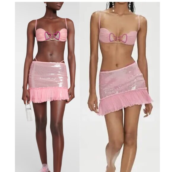 NENSI DOJAKA Pink Sequin Glitter Embellished Skirt and Halter Bra Set Size 0/XXS - Picture 2 of 10